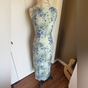 La Belle Sage Green Maxi Slip Dress with Blue Floral Print